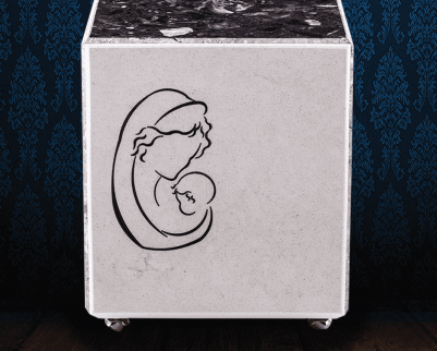 Urna in pregiato Marmo di Carrara e Grigio Carnico ed incisione Madonna con bambino